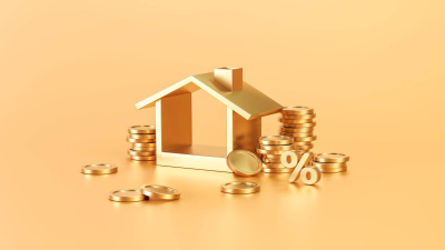 3D-Darstellung mit goldener Immobilien auf goldenem Hintergrund